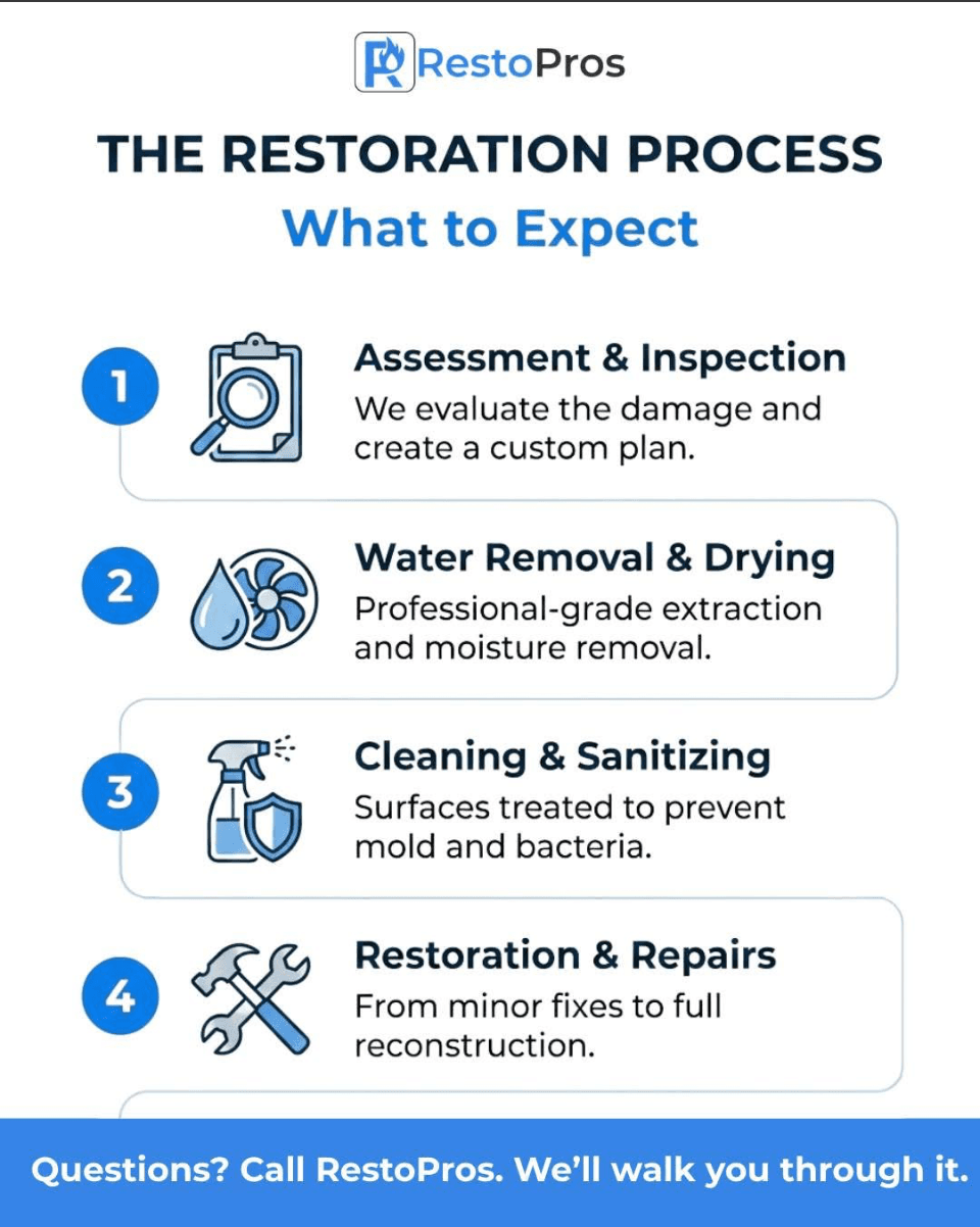 Infographic: The RestoPros restoration process—assessment, water removal, cleaning, and repairs
